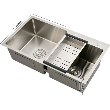 Évier à double cuve, acier inoxydable de haute qualité, drainage efficace, Argent (1/2)