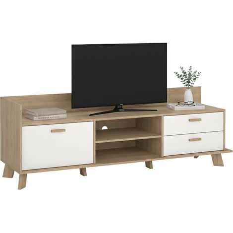 Dmora - Fernsehschrank Eloise, Ständer für Wohnzimmerfernseher, Niedriges Wohnzimmer-Sideboard, TV-Ständerbasis, 182x51 h62 cm, Eiche und Weiß