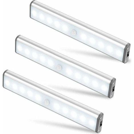 Lot de 3 Lampes 10 LED, Sans Fil, Rechargeable par USB, Aimanté, Détecteur de Mouvement, 2 Modes d’Éclairage, Portable. Lumière de Placard, Baladeuse de Secours, Veilleuse Enfant, Appoint … [Classe én (1/5)