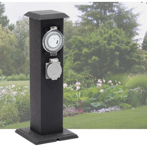 Multiprise Borne Noire 2 Prises Électriques Et Minuterie Pour Jardin Et Extérieur (1/5)