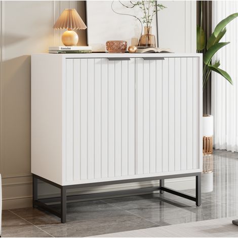 Aparador de aglomerado blanco 80x40x80 cm con 2 puertas, frente ondulado y tiradores metálicos (1/5)