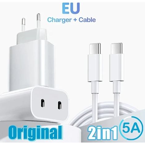Chargeur double USB-C PD 40 W, chargeur rapide USB-C Type C pour iPhone 15, 14, 13 Pro Max et iPad Air, chargeur mural avec prise UE et câble C2C (1/4)