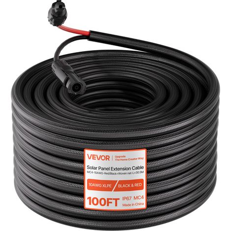 VEVOR Solarkabel Verlängerung 30,5 m, 10 AWG, Solarverlängerungskabel mit Flammhemmender Schutzhülle, Stecker & Buchsen, IP67 Wasserdichtes PV-Kabel, Solarleitung für Auto, RV, Schwarz & Rot (1/5)