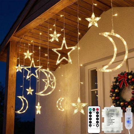 Ramadan Fairy Lights, 3.5 m 138 LED Moon and Stars Battery Operated USB String Lights with Timer and Remote Control 8 Modes Decorative Lighting for Ramadan Christmas Wedding Balcony (1/5)