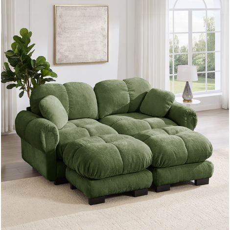 Canapé modulaire 2 places vert en chenille avec ottomane mobile et coussins épais (1/5)