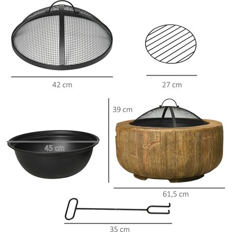 Brasero/foyer avec couvercle et tisonnier en forme de souche d'arbre, idéal pour le jardin, le camping ou la terrasse. Fabriqué en acier MgO, couleur marron. (1/5)