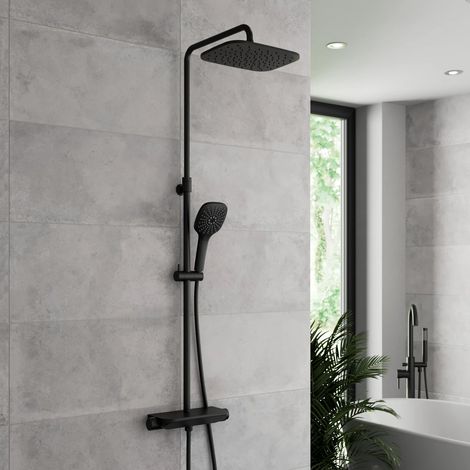 Thermostatic Mixer Shower Dual Head Handset Riser Rail Shelf Square Matt Black (1/5)