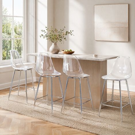 Set di sgabelli da bar trasparenti, design moderno, seduta in plastica, struttura in metallo, argento (1/5)