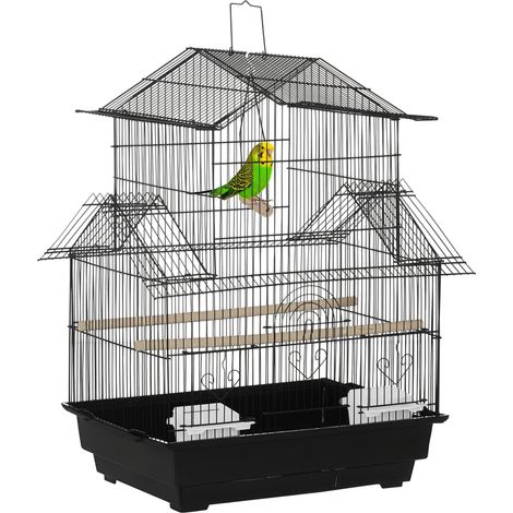 Cage à oiseaux avec poignée de transport et plateau amovible, métal et plastique, 50,5 x 41 x 63 cm, noire (1/5)