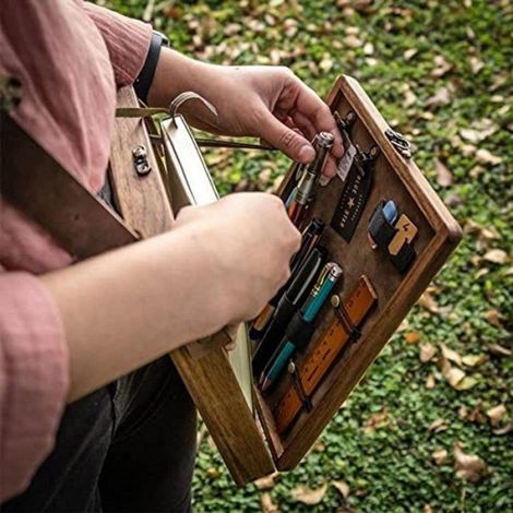 Sac bandoulière en bois pour artistes - Coffret rangement pinceaux et outils - Design vintage avec compartiments - 25 x 19 x 6 cm (1/4)