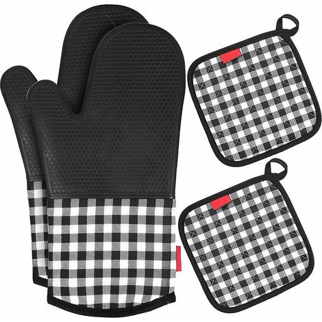 Heat Resistant Silicone Oven Gloves Non-Slip Oven Mitts + 2 Cotton Pot Holders for Kitchen Cooking B
