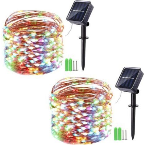 Guirlande solaire extérieure 10 m avec 100 LED multicolores, fil de cuivre flexible, 8 modes d’éclairage, idéale pour décorer arbres, balcons et jardins – Lot de 2