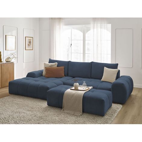 BOBOCHIC - Canapé d'angle convertible coffre EVEREST tissu chiné avec pouf Angle gauche Bleu foncé (1/5)
