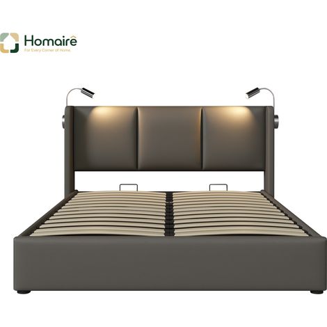 Bettgestell aus Polyester 206 x 185 x 105 cm grau Leder mit Stauraum USB-Anschluss HOMAIRE (1/5)