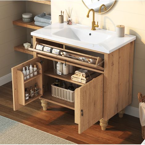 MODFU – Mobile sotto lavabo 81 cm in MDF/ceramica con vano contenitore, ante ammortizzate, lavabo e carico 80 kg – Legno naturale (1/5)