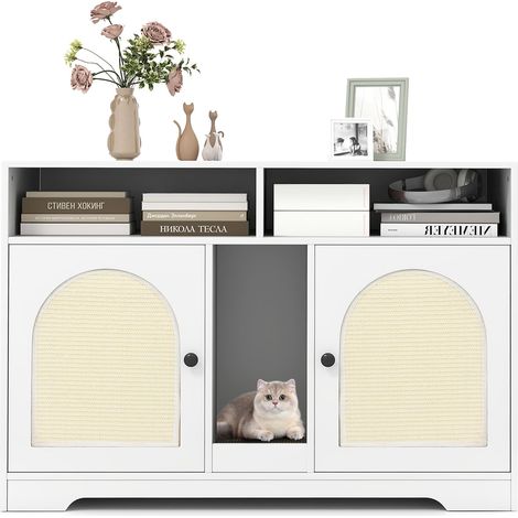 COSTWAY Cat Litter Box Enclosure for 2 Cats Hidden Cat Washroom Furniture-White (1/5)