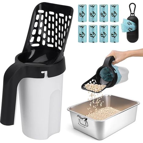 Cat Litter Scoop with Stand, Cat Litter Bin with 120 Bags, Large Capacity Cat Litter Scooper (Black)