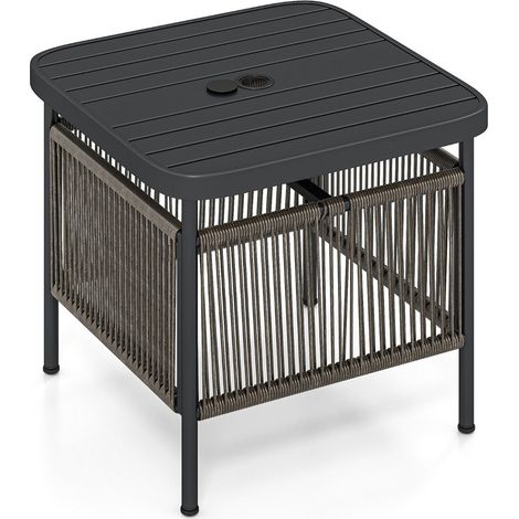 Table d’appoint d’extérieur 52 x 46 x 45 cm avec trou pour parasol et rangement pratique style moderne en métal noir