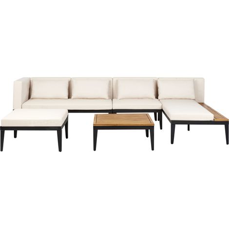 Conjunto de jardín 4 plazas de madera de acacia certificada sofá esquinero con mesa de centro y otomana cojines beige claro izquierdo Bracciano