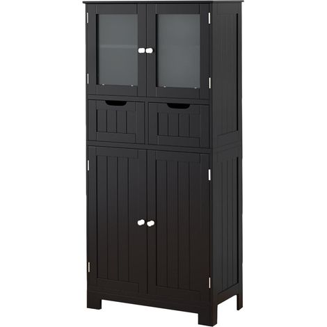 COSTWAY Armadio da Terra con 4 Ante, Mobile da Bagno con 2 Ante in Vetro 2 Cassetti e Ripiani Regolabili, Armadio Multifunzionale per Bagno e Soggiorno, 60x30x128cm (Nero) (1/2)