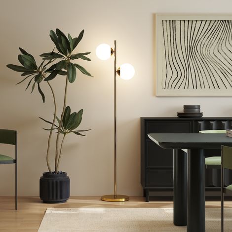Lampadaire à 2 lampes avec abat-jour sphériques, interrupteur au pied et douille E27, Ø28 x 165 cm, doré (1/5)