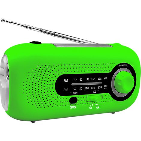 Radio solaire à manivelle avec alarme SOS, radio AM/FM d'urgence, batterie rechargeable, 4 modes, lampe torche, prise casque et port USB pour le camping et la randonnée. (1/5)