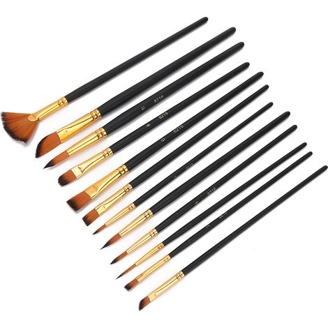 Ensemble de 12 pinceaux en nylon TYP306 pour peinture à l'huile - Forte adhérence - Pour artistes et étudiants - Noir