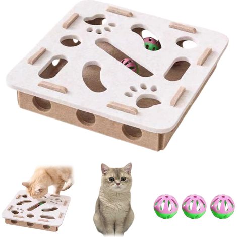 Jeu interactif pour chat - Boîte labyrinthe en feutrine avec 3 balles à hochet pour chats et chatons d'intérieur  Stimulation mentale, ralentit l'alimentation, favorise l'exercice ludique et stimule l