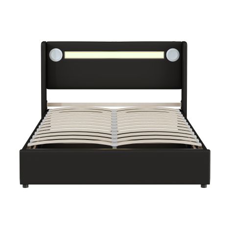 Lit capitonné lit 140x200 avec bande lumineuse LED,lecteur Bluetooth et chargement USB,lit coffre en cuir PU,coffre de lit mezzanine,lit double avec sommier à lattes noir