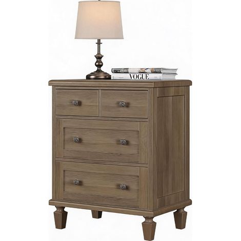 Grand Capacité de Rangement – Commode Vintage 4 Tiroirs en Bois – Pieds Ffuselés – Poignées Sculptées – Finition Bois Vieilli – Idéale Chambre, Salon, Entrée – Coloris Noir, Gris ou Marron Clair (1/5)