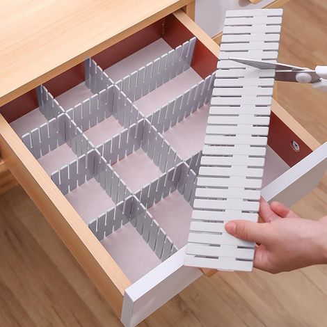 JSSEVN - 16 Pcs Drawer Divider, Drawer Organizer, Adjustable Drawer Divider Grid, for Socks, Belts, Office Supplies, DIY (White) (1/5)