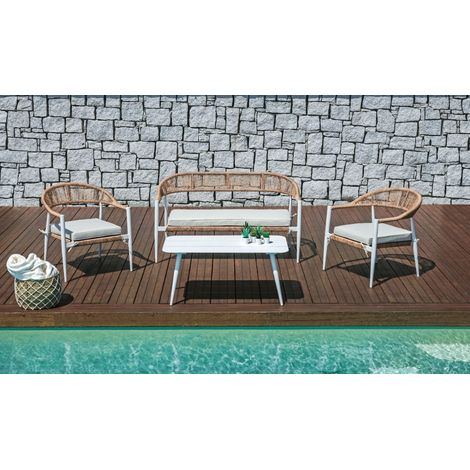 Lounge mit Sofa, Sessel und Couchtisch in Aluminium und Twist Rattan MALIGI HOME MG/ROSA Weiß (1/5)