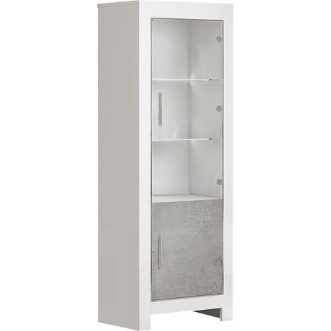 DENAE - Vitrine Droite Laquée Blanc Brillant et Gris Marbré avec Leds (1/2)