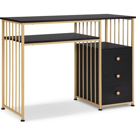 M MCombo Schreibtisch mit Schubladen, Schminktisch ohne Spiegel Schwarz-Gold, Nageltisch aus Holz Metallgestell, Computertisch Wohnzimmer Modern, 45,5 x 109 x 81cm, 2407GBK (1/5)
