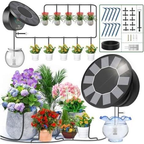 Arrosage Goutte à Énergie Solaire, 2025 Nouveau Couvercle Rond Kit Automatique pour Intérieur et Exterieur Balcon Jardin Plante, Programmateur avec 10M Tuyau -