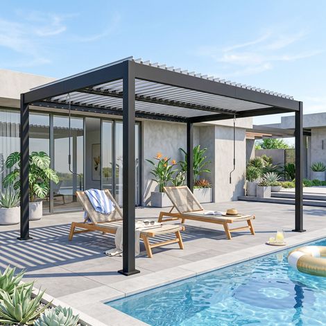 Pergola Bioclimatique 4x3m en Aluminium à Toit Louvred Ajustable, Protection Soleil, pour Jardin Extérieur, Blanc