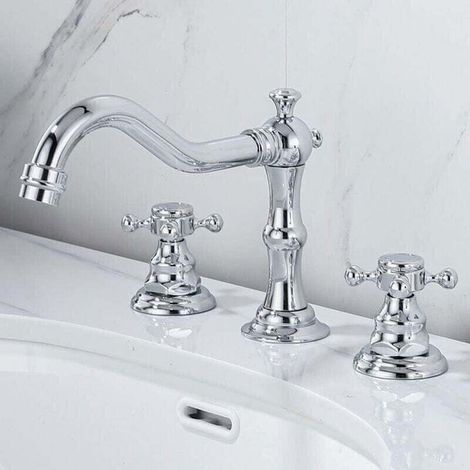 Croix en cuivre chrom moderne robinet robinet argent croix 3 trous 360 rotatif , XU,lavabo lavabo eau vier robinets robinet mitigeur en cramique avec robinet G1 / 2 - KZQ