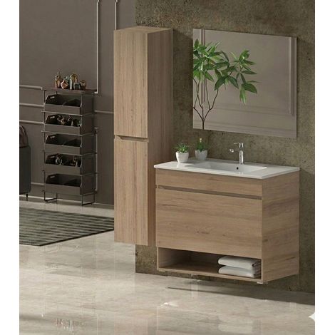 Badmöbel Set NEBARI Vormontiert 1 Schublade, Waschbecken und Spiegel Estepa 70x45 cm mit Hochschrank