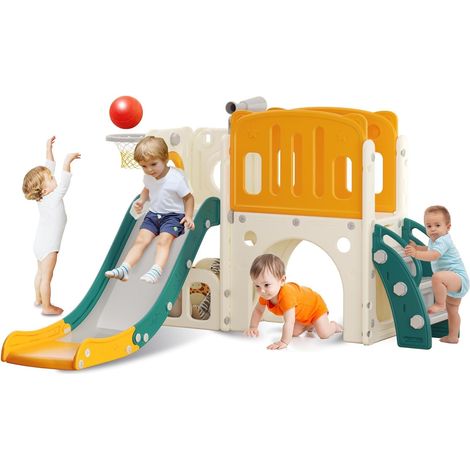 Toddler Slide with Climbing Ladder, Basketball Basket and Tunnel, Kids Plastic Slide Set, Playground Toys, Green (1/5)