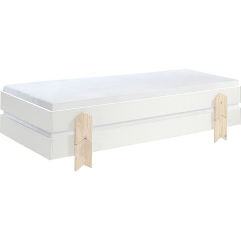 M&S – Lit d'enfants empilable 90x200 – MDF laqué blanc et pin massif – Pieds en flèche – Sommier à lattes inclus (1/5)