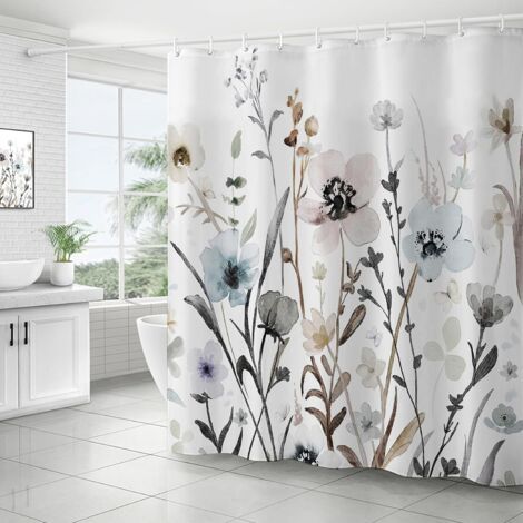 Un rideau de douche orné d'un motif floral aquarelle rose poudré et bleu, comportant 12 crochets en plastique, mesurant 180 x 200 cm. (1/4)