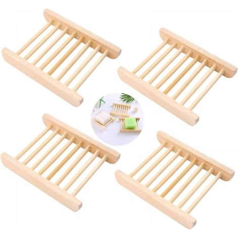 Porte-savon en bois, porte-savon rectangulaire en bois naturel, porte-savon en céramique, accessoire de plateau à savon en forme de lotus, porte-savon naturel pour salle de bain de cuisine (4 pièces) (1/5)