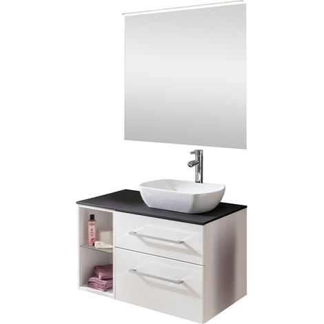 Fackelmann OXFORD Badmöbel Set 7 Teile / Waschbecken oval / Waschtischunterschrank / Regal / Waschtischplatte schwarz / Armatur / Spiegel / LED-Aufsatzleuchte / Korpus & Front: Weiß / Breite ca. 90 cm (1/5)