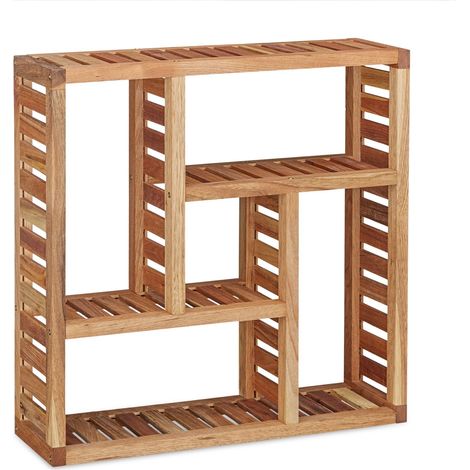 Etagère murale rangement salle de bain 50 x 50 x 15 cm avec 5 compartiments design épuré en bois de noyer (1/4)