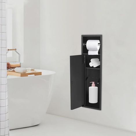 Unterputz-Schrankmodul, 63 x 15 x 15 cm Edelstahl Badezimmerschrank mit Toilettenpapierhalter und Schranktür, Eingelassene Duschnische für Küche Wohnzimmer Hotel, Schwarz (1/5)