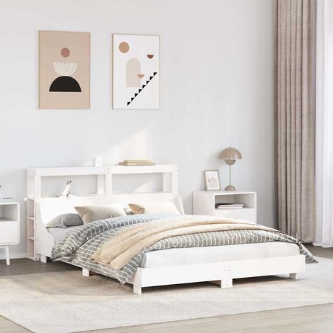 Cadre de lit 120 x 200 cm avec tête de lit et étagères, bois de pin massif blanc, sans matelas - PANGIVO (1/5)