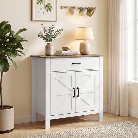 Credenza da soggiorno, mobile contenitore con 2 ante scorrevoli, cassetto e ripiano regolabile, 77x39,3x81,5 cm, bianco e marrone