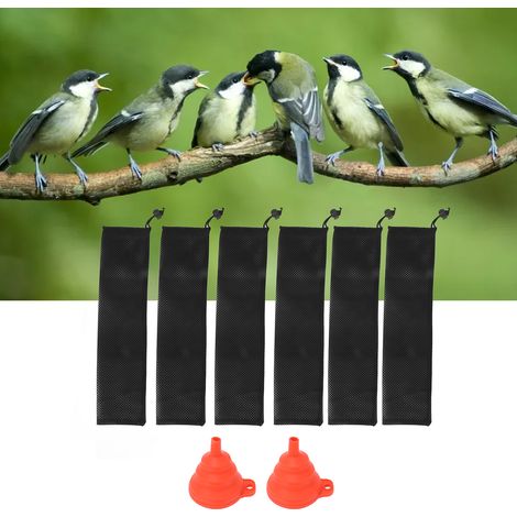 Comedero colgante para pájaros con forma de calcetín y embudo – comedero de malla para semillas de cardo – juego de 6 comederos grandes y 2 embudos – material: nailon y silicona, apto para jardín y us (1/5)