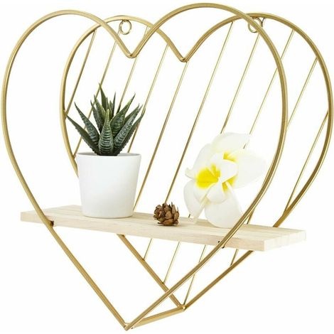 Étagère flottante murale métal en forme de cœur, petit rangement décoratif pour chambre, couleur or, style moderne. (1/5)