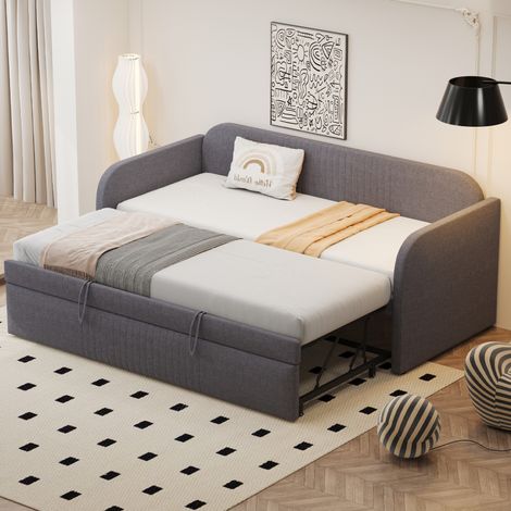 DESVIAE Canapé lit rembourré extensible 90 x 190 180 x 190 cm avec sommier à lattes tissu en lin respirant rayures verticales gris (1/4)